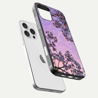 Purple Serenity Moon Glass Case for iPhone 16 Pro floating dual-view mockup showing gloss and cosmic detail