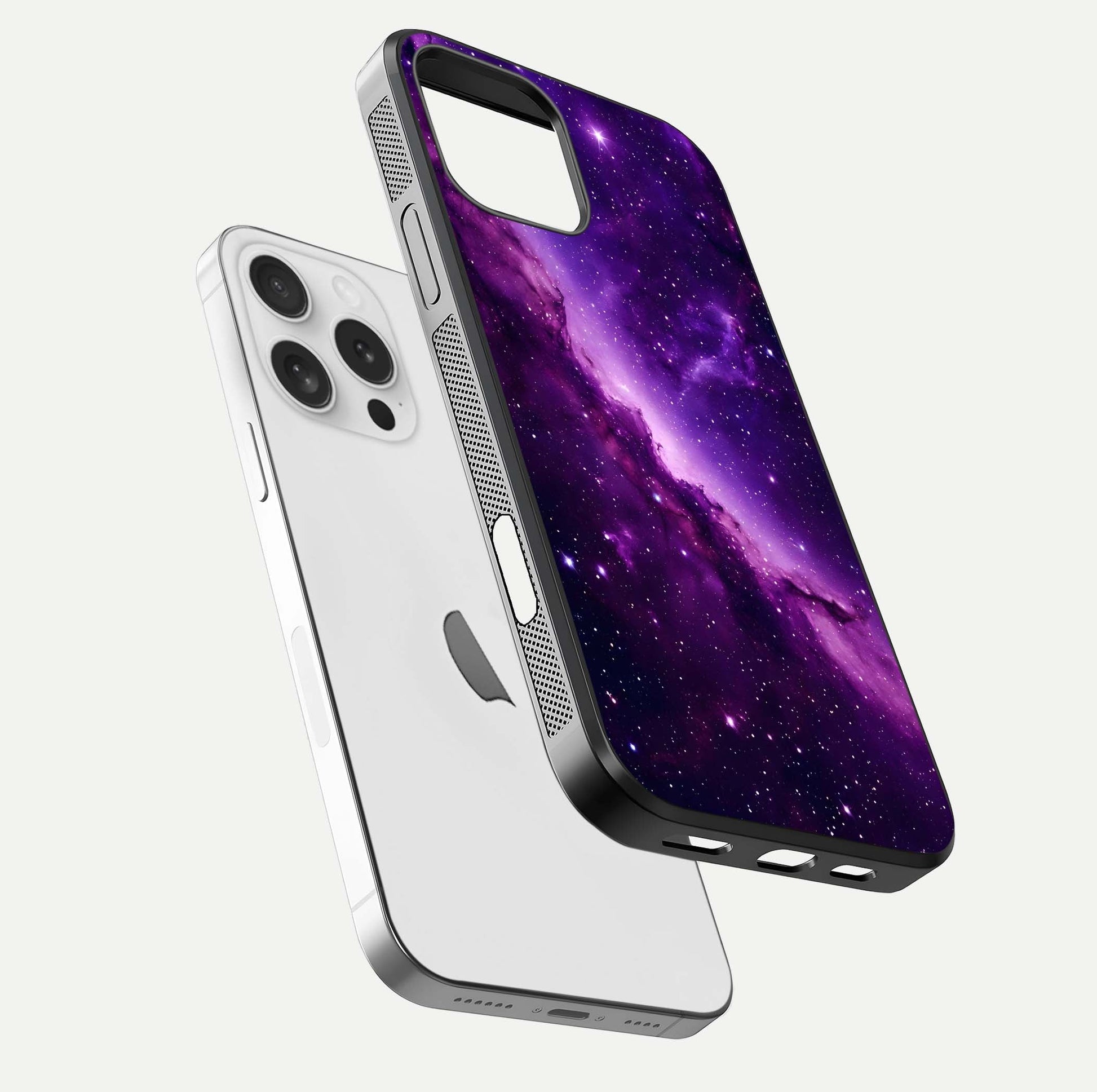 Purple Shade Sky Glass Case for iPhone 16 Pro floating dual-view mockup displaying gloss and sky theme