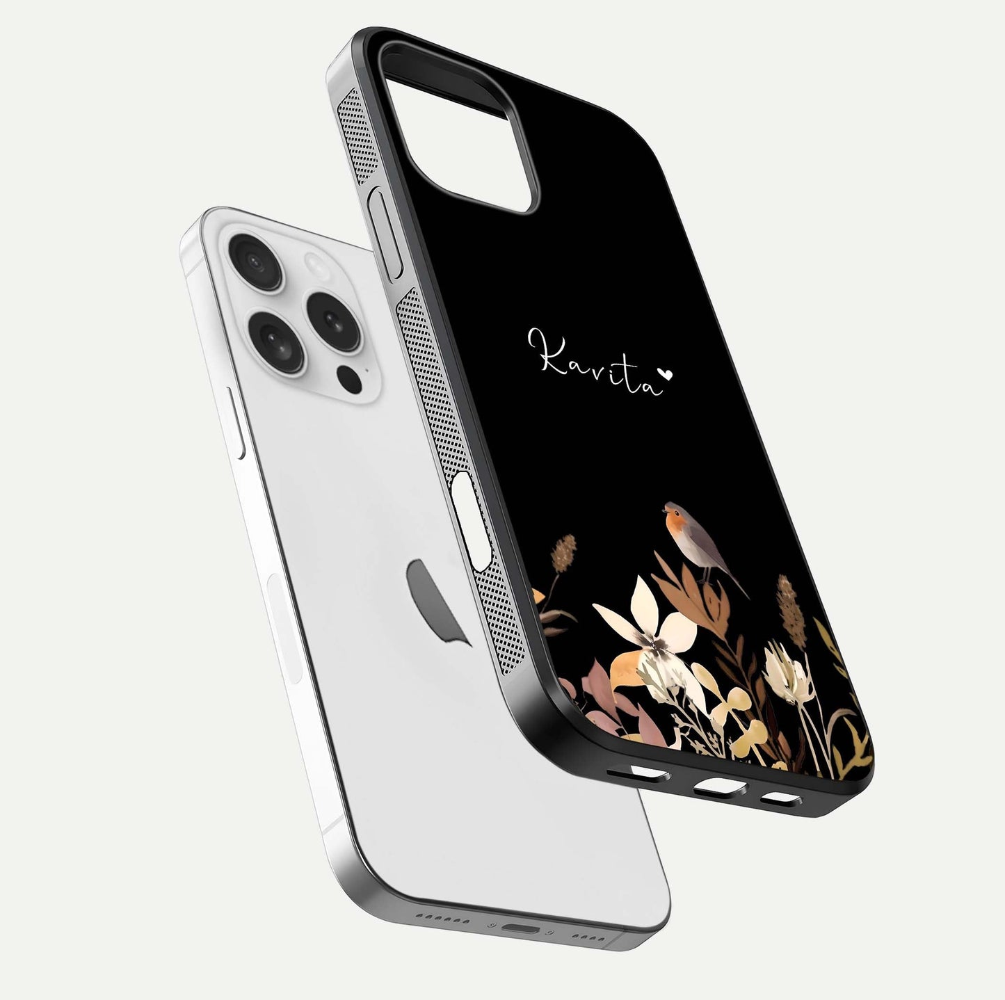 Quiet Garden Tune Custom Name Glass Case for iPhone 16 Pro floating dual-view mockup showing gloss and elegant detail