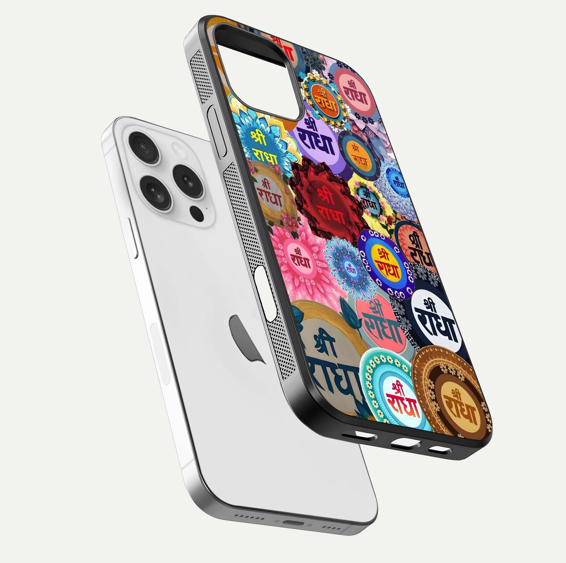 Radha Divine Bloom Glass Case for iPhone 16 Pro floating dual-view mockup showing gloss depth and HD art