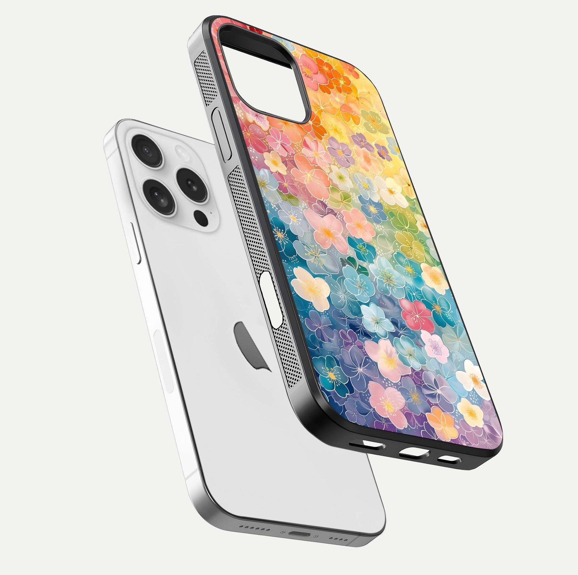 Rainbow Blossom Burst Glass Case for iPhone 16 Pro floating dual-view mockup displaying gloss and gradient pattern