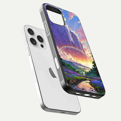 Rainbow Valley Dream Glass Case for iPhone 16 Pro floating dual-view mockup showing gloss texture and dream vibe