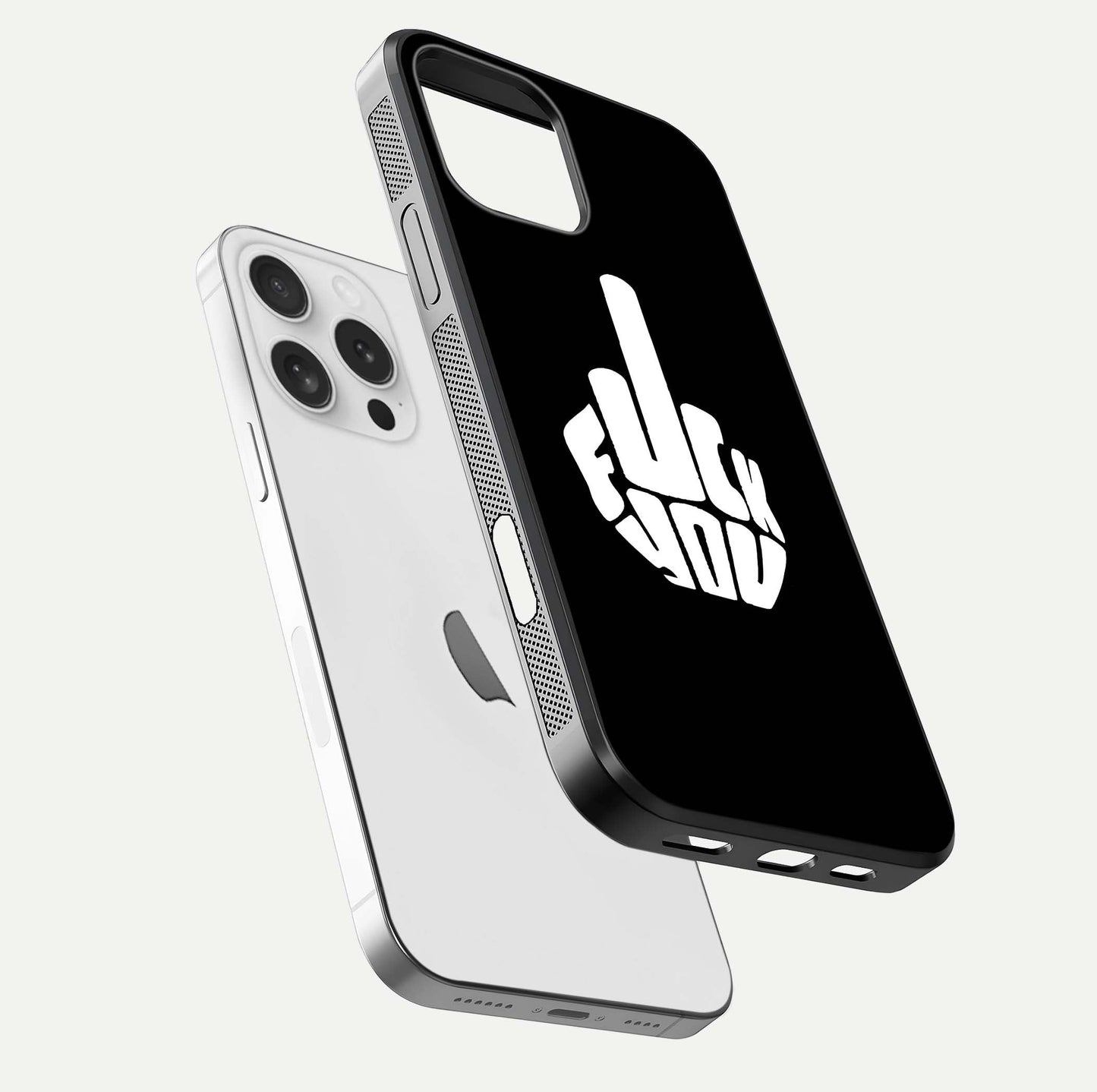 Rebel Mode On Glass Case for iPhone 16 Pro floating dual-view mockup displaying gloss shine and statement art