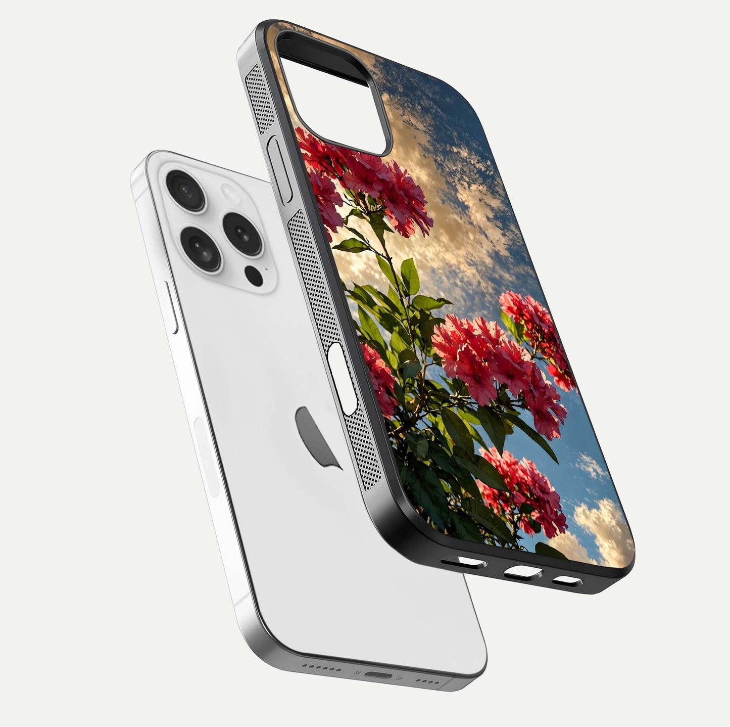 Red Bloom Skies Glass Case for iPhone 16 Pro floating dual-view mockup showing glass gloss and floral pattern
