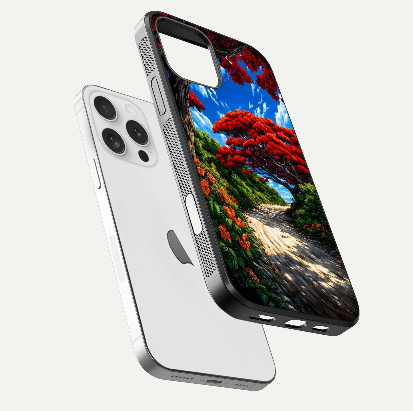 Red Trees Pathway Glass Case for iPhone 16 Pro floating dual-view mockup displaying gloss texture and print depth