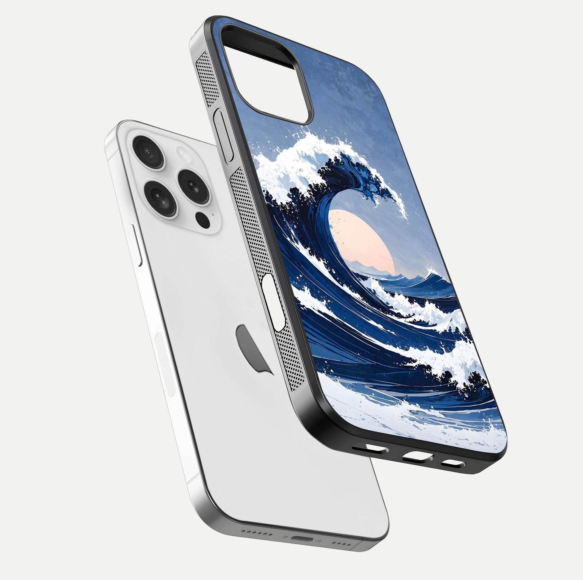 Rising Tide Power Glass Case for iPhone 16 Pro floating dual-view mockup displaying gloss texture and flow pattern