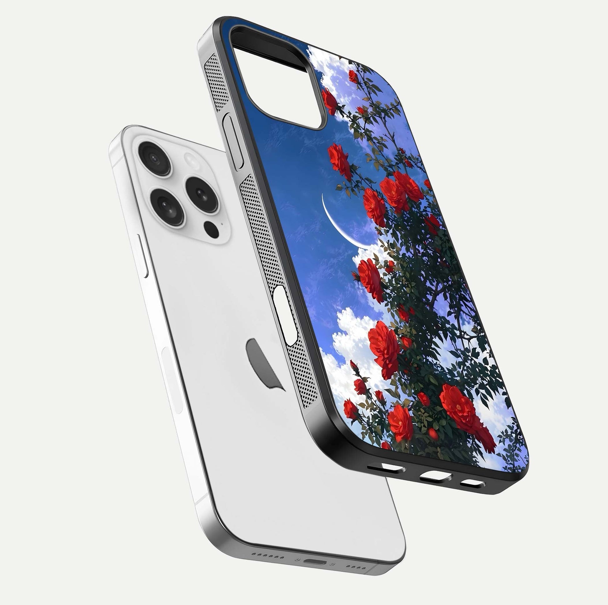Rose Drift Flowers Glass Case for iPhone 16 Pro floating dual-view mockup showing gloss shine and floral tone