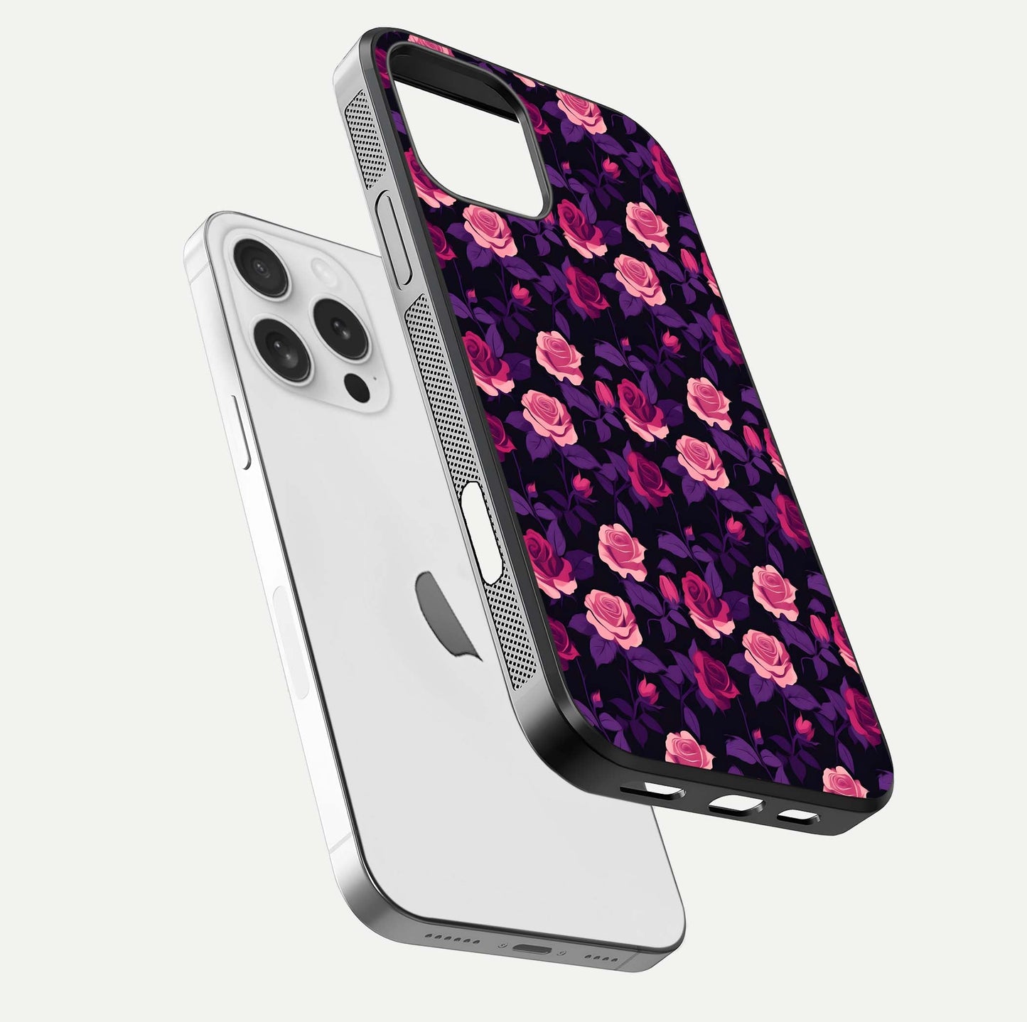 Rose Garden Twilight Glass Case for iPhone 16 Pro floating dual-view mockup displaying gloss surface and depth
