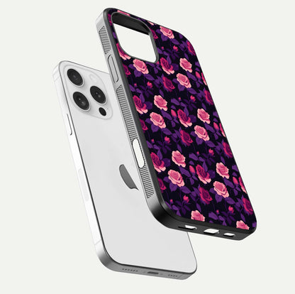Rose Garden Twilight Glass Case for iPhone 16 Pro floating dual-view mockup displaying gloss surface and depth