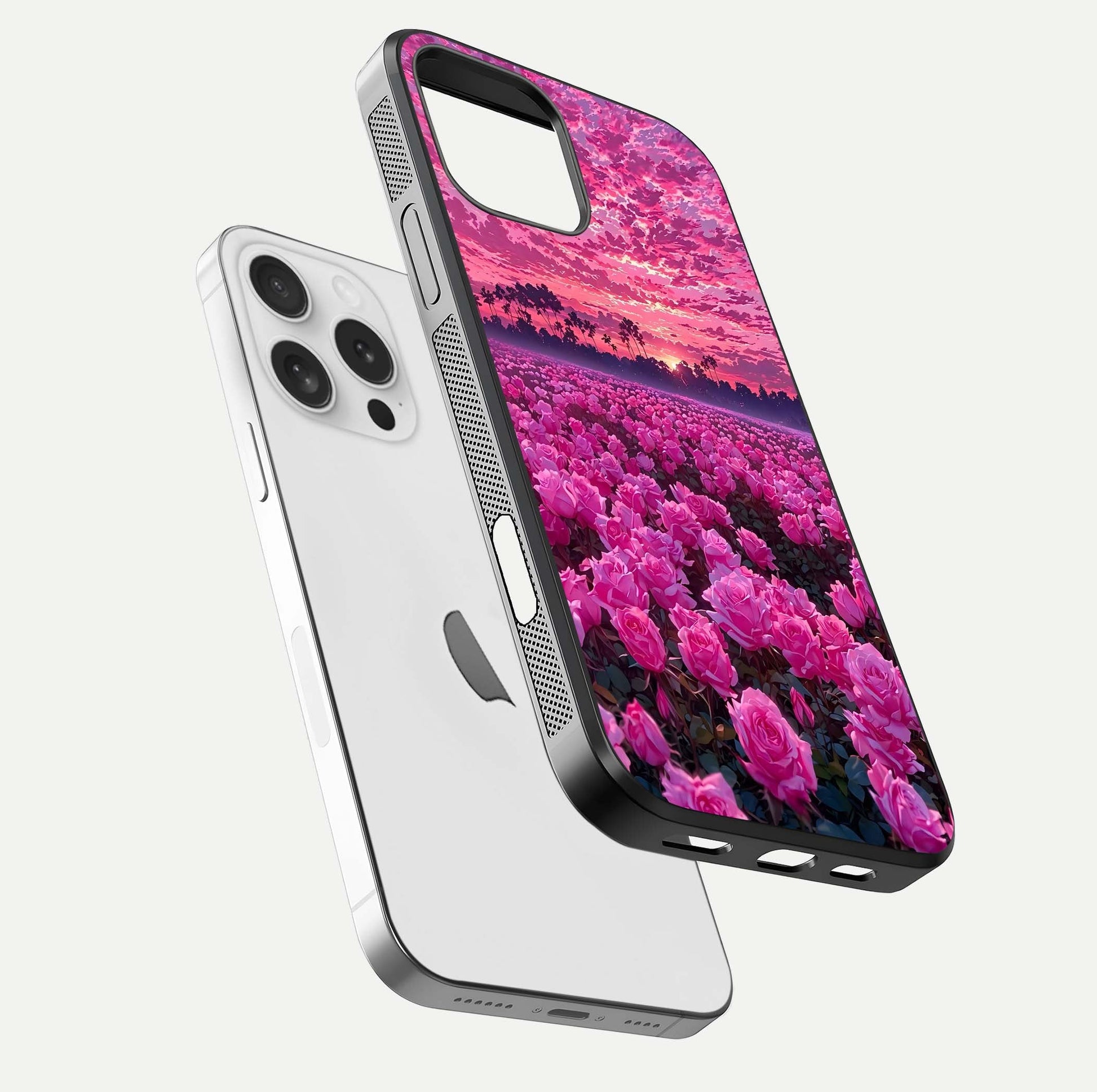 Rose Sunset Valley Glass Case for iPhone 16 Pro floating dual-view mockup showing gloss reflection and art depth
