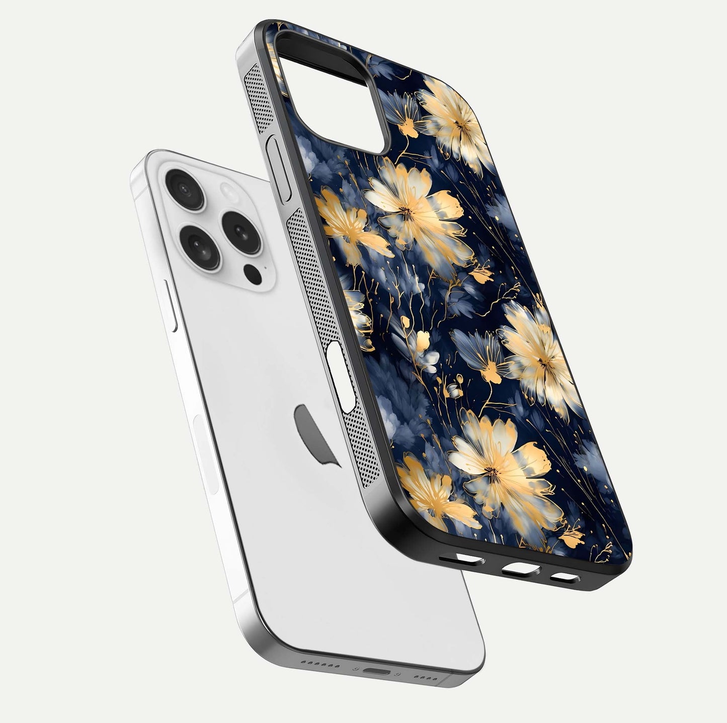 Royal Petal Dream Glass Case for iPhone 16 Pro floating dual-view mockup displaying gloss reflection and tone contrast