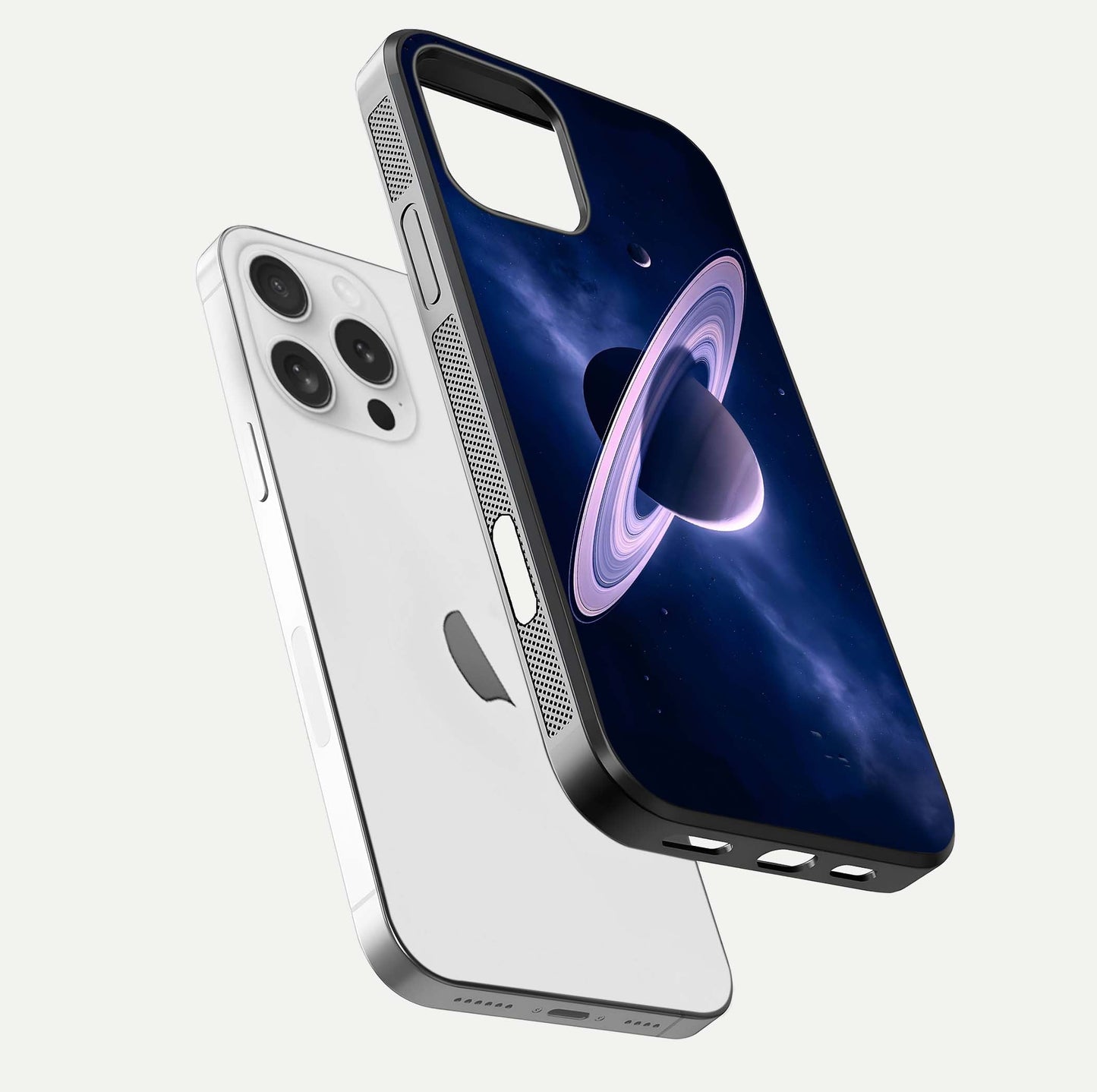 Saturn Ring Mystique Glass Case for iPhone 16 Pro floating dual-view mockup showing gloss finish and star detail
