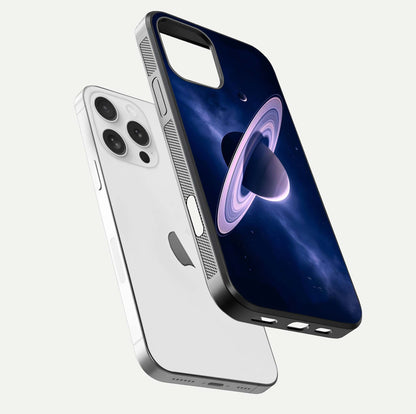 Saturn Ring Mystique Glass Case for iPhone 16 Pro floating dual-view mockup showing gloss finish and star detail