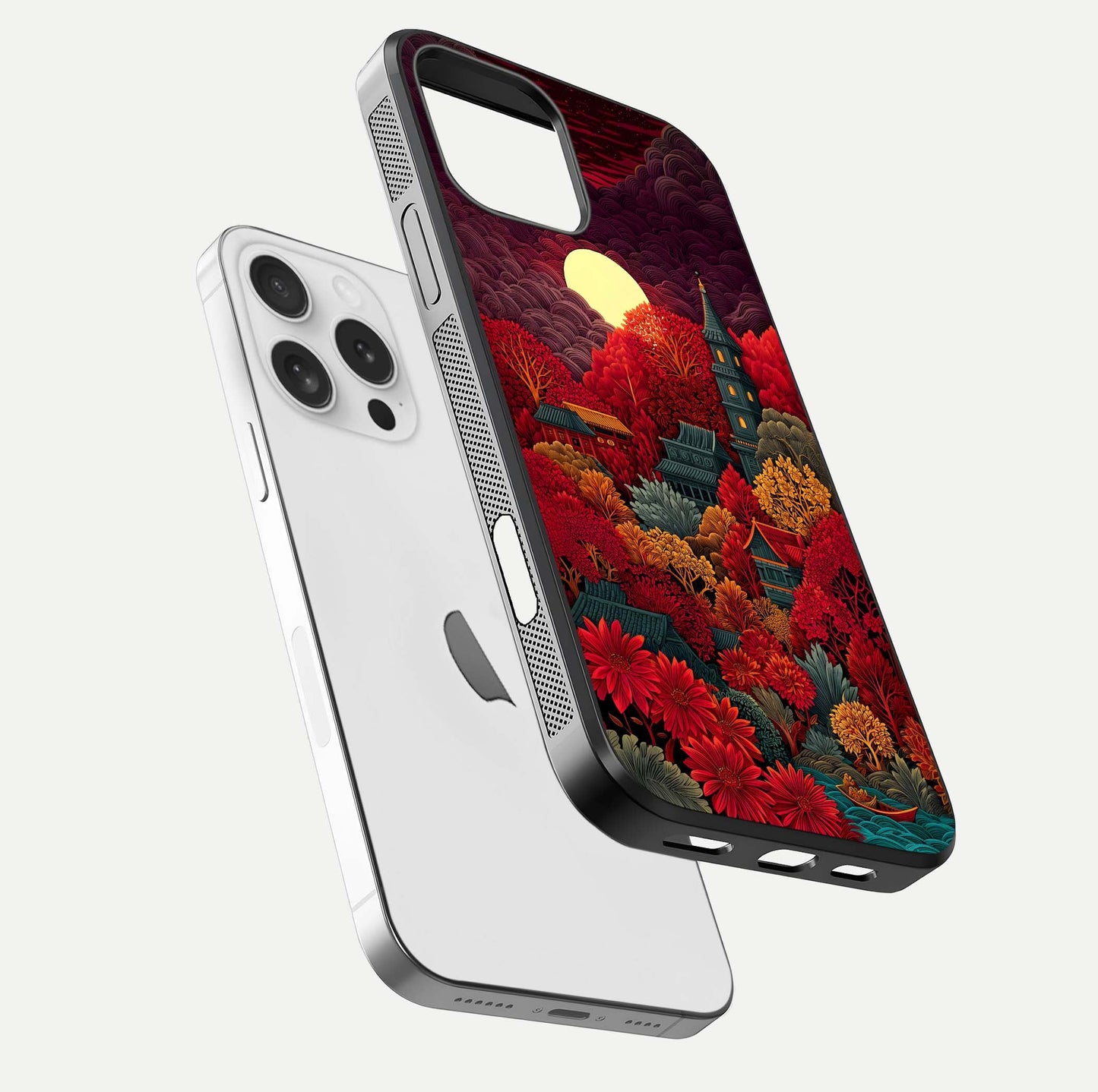 Scarlet Autumn Temple Glass Case for iPhone 16 Pro floating dual-view mockup displaying gloss shine and autumn tones