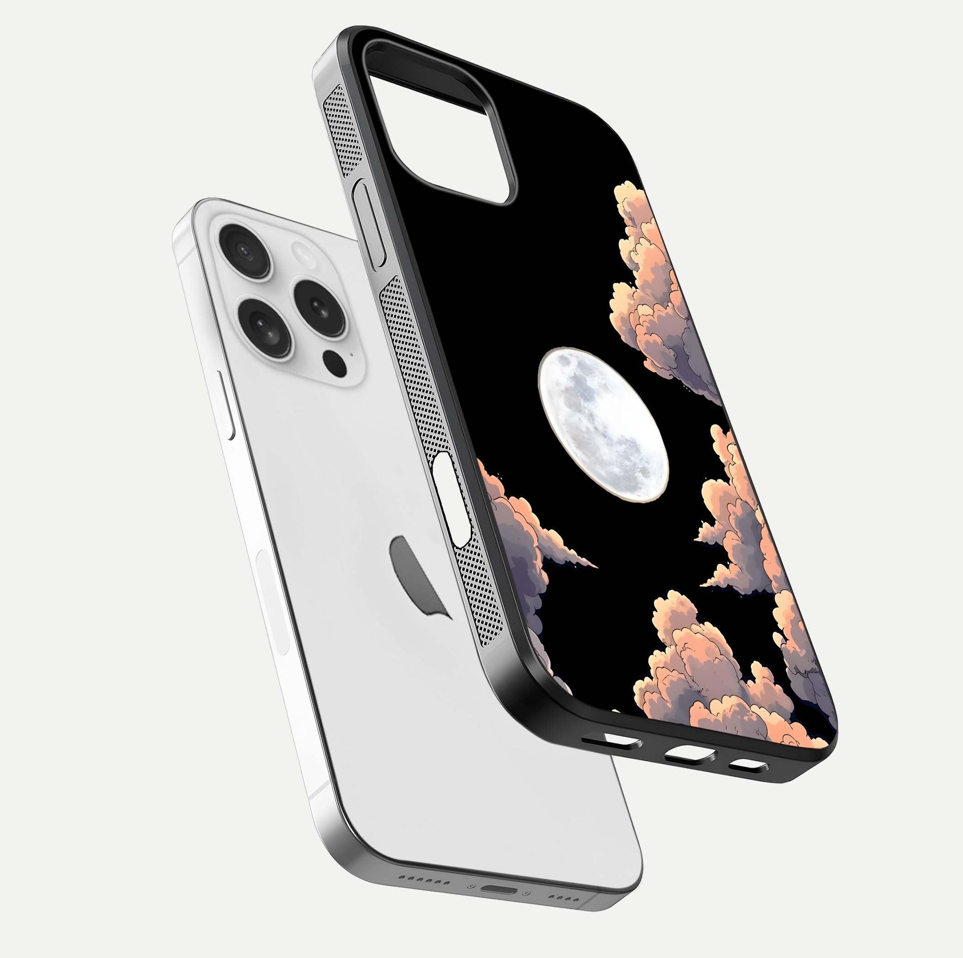 Shade Cloud Moon Glass Case for iPhone 16 Pro floating dual-view mockup showing gloss and celestial texture