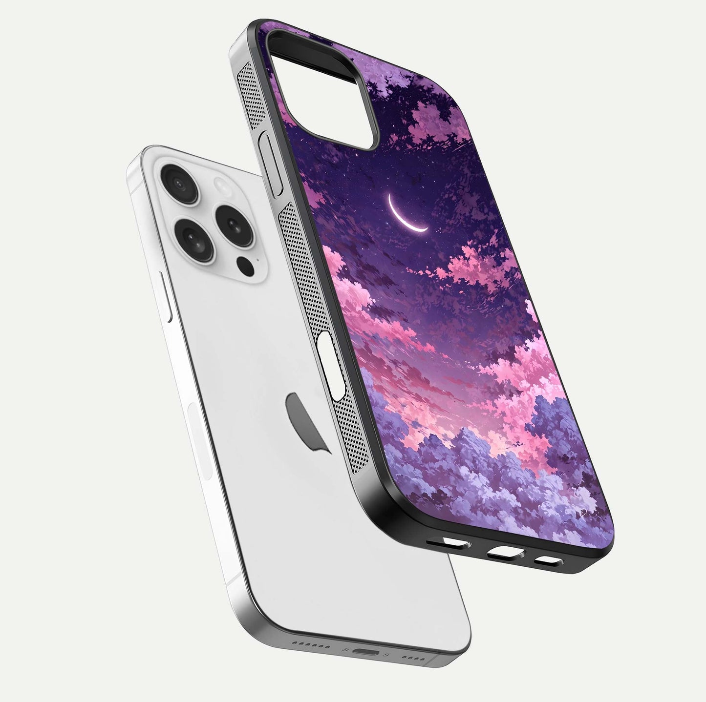Sky Drift Clouds Glass Case for iPhone 16 Pro floating dual-view mockup displaying gloss shine and depth