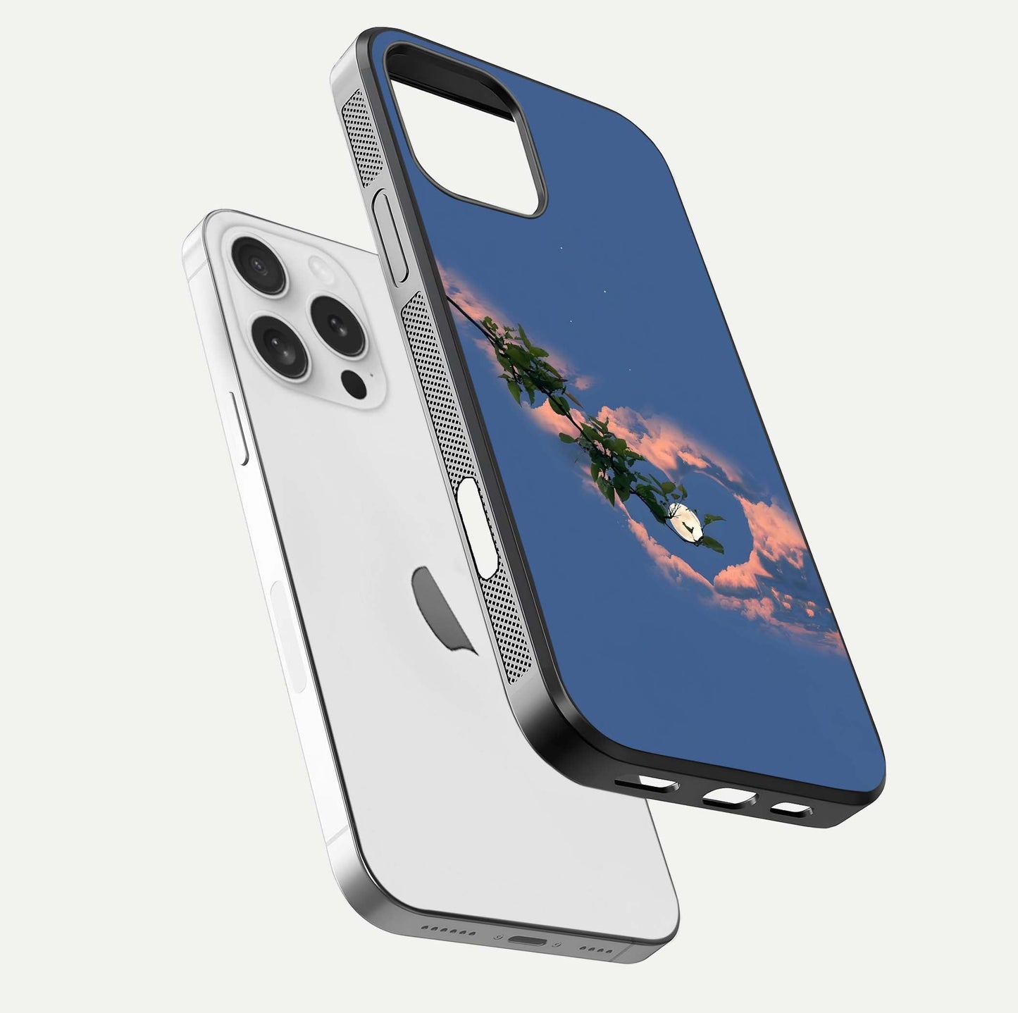 Sky Under Tree Glass Case for iPhone 16 Pro floating dual-view mockup displaying gloss reflection and landscape tone