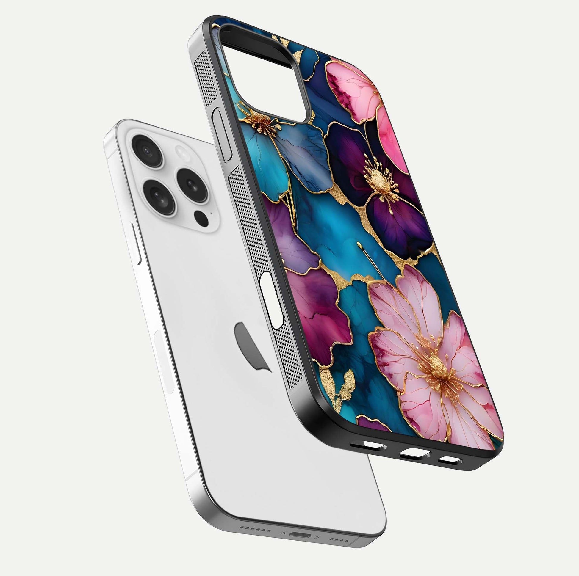 Sparkle Floral Glass Case for iPhone 16 Pro floating dual-view mockup displaying gloss surface and sparkle effect
