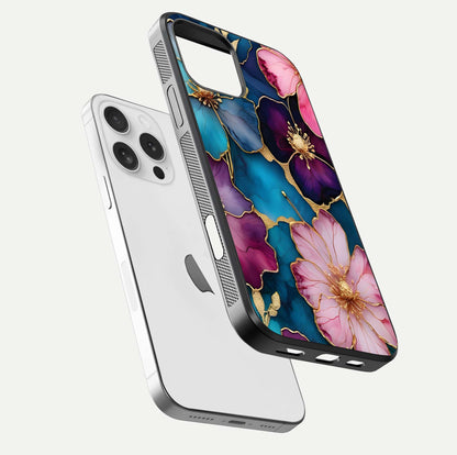 Sparkle Floral Glass Case for iPhone 16 Pro floating dual-view mockup displaying gloss surface and sparkle effect