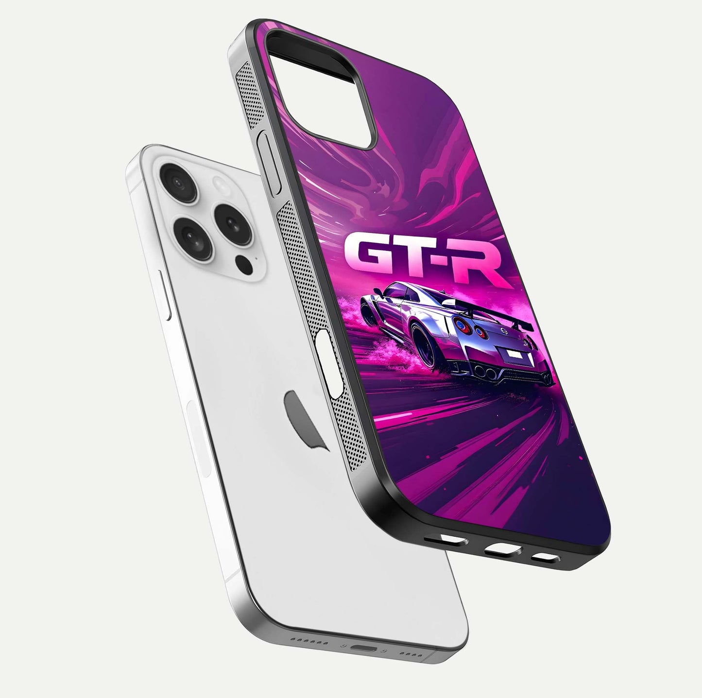 Speed Drift Legend Glass Case for iPhone 16 Pro floating dual-view mockup displaying gloss shine and motion effect