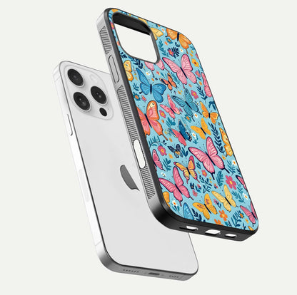 Spiritual Krishna Glass Case for iPhone 16 Pro floating dual-view mockup displaying gloss shine and divine detail