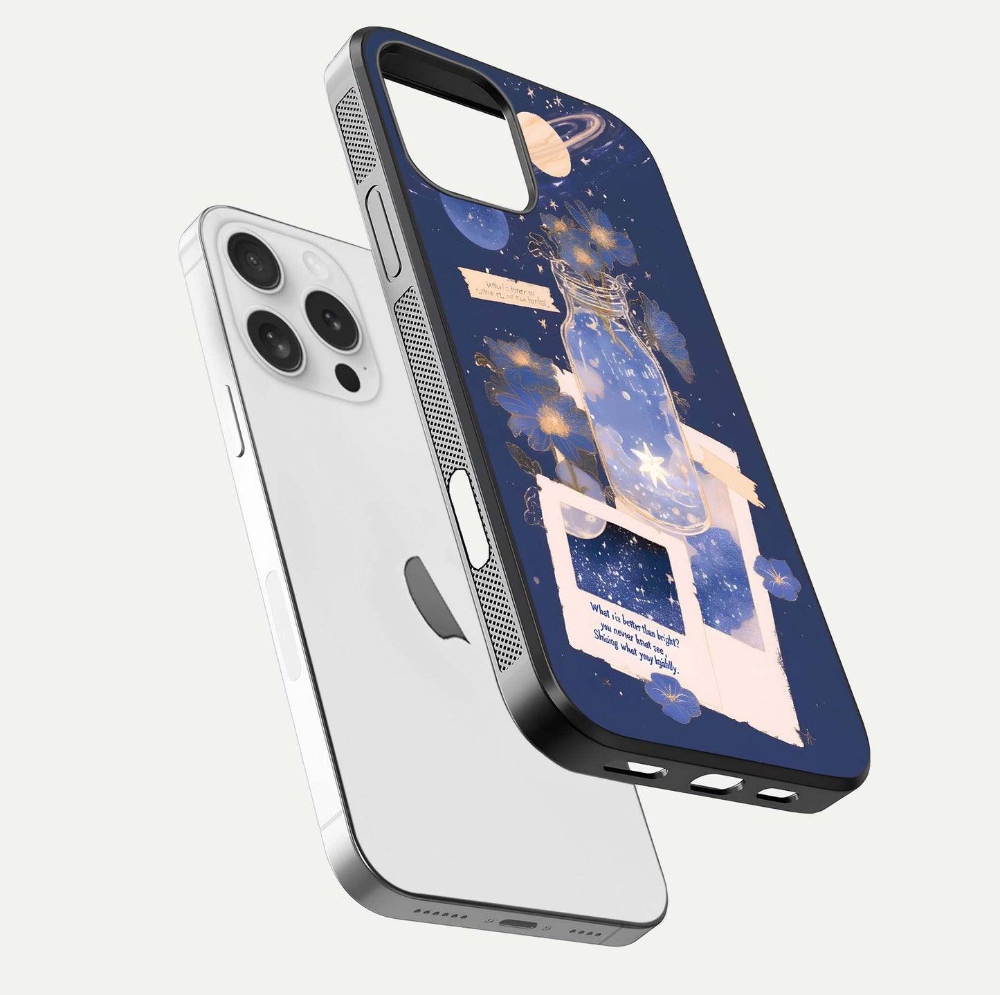 Starlit Cosmic Jar Glass Case for iPhone 16 Pro floating dual-view mockup displaying gloss and starry depth