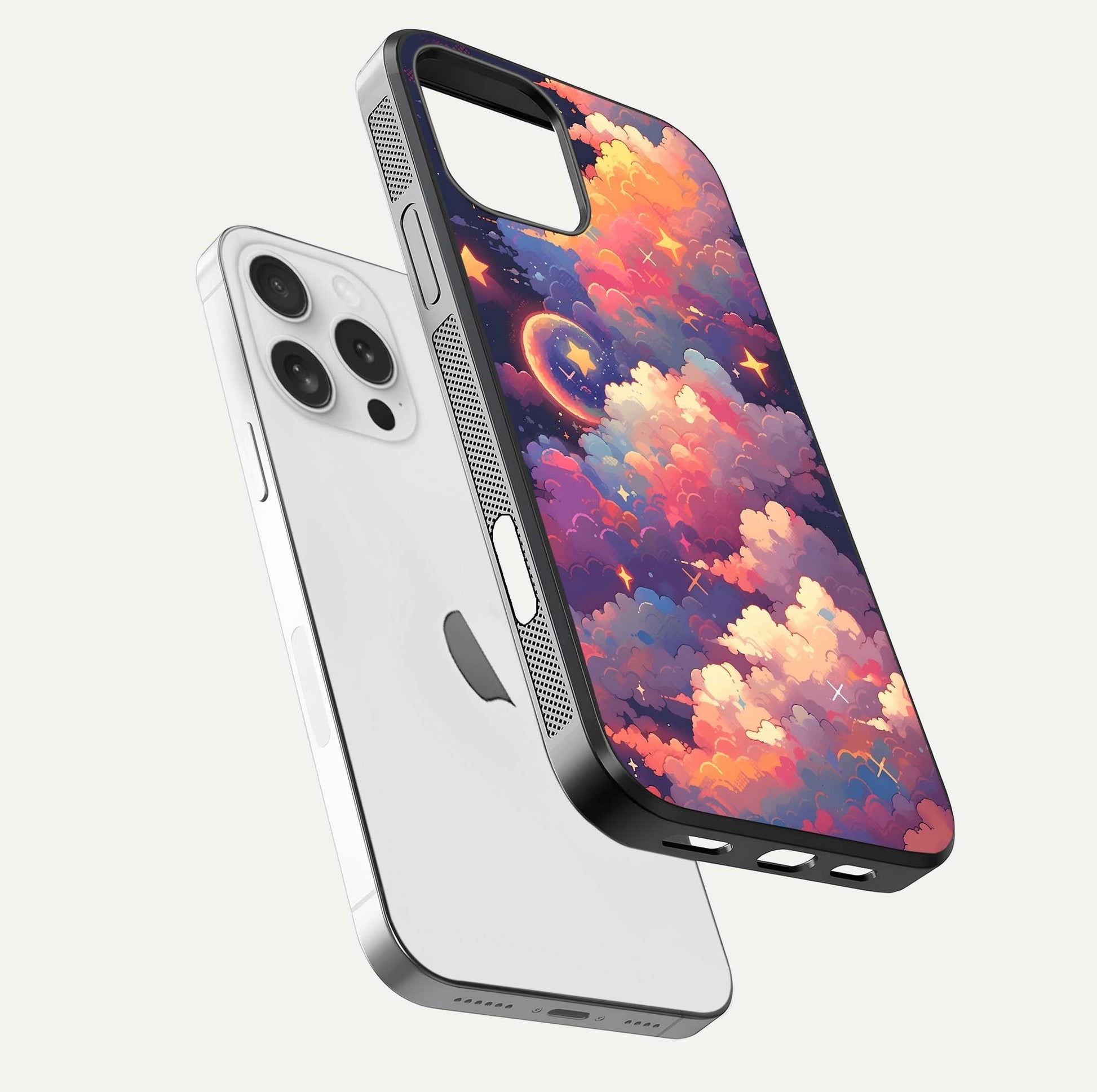 Starlit Dream Clouds Glass Case for iPhone 16 Pro floating dual-view mockup displaying gloss and soft light detail