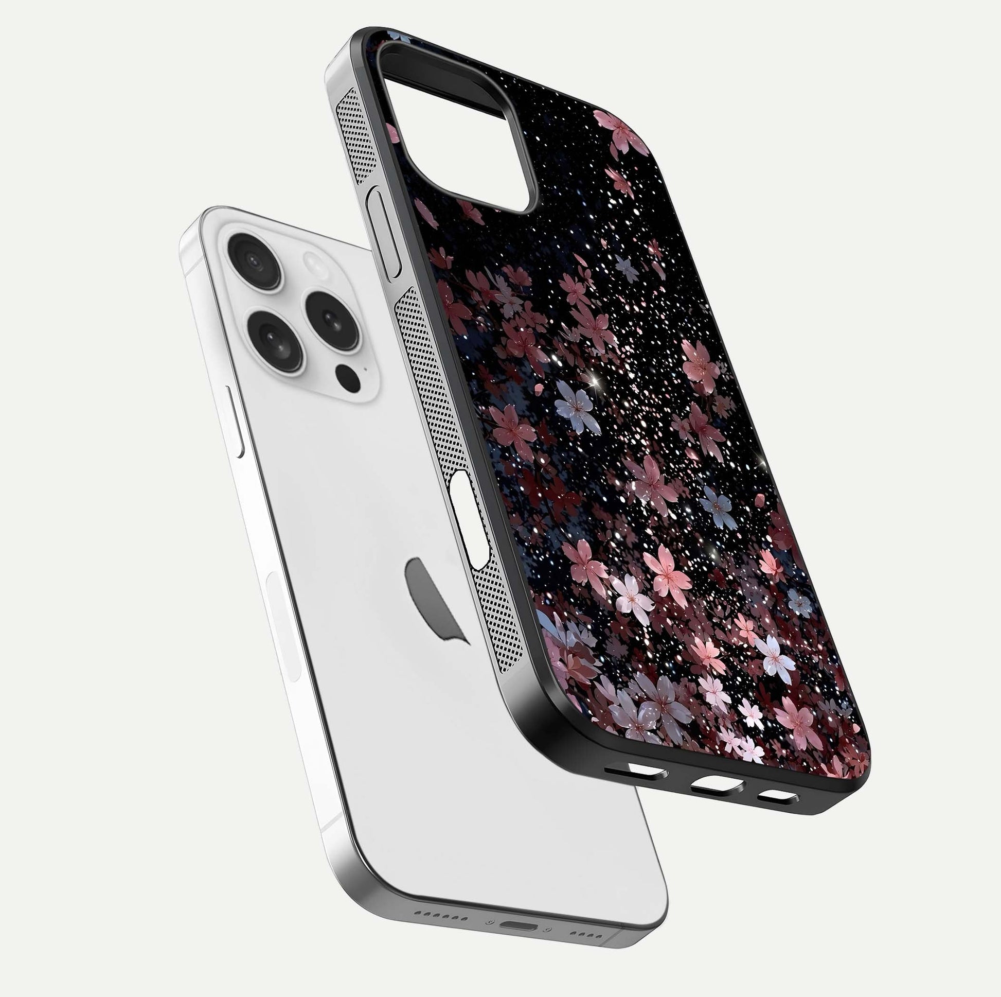 Starlit Flower Dreams Glass Case for iPhone 16 Pro floating dual-view mockup displaying gloss and print clarity