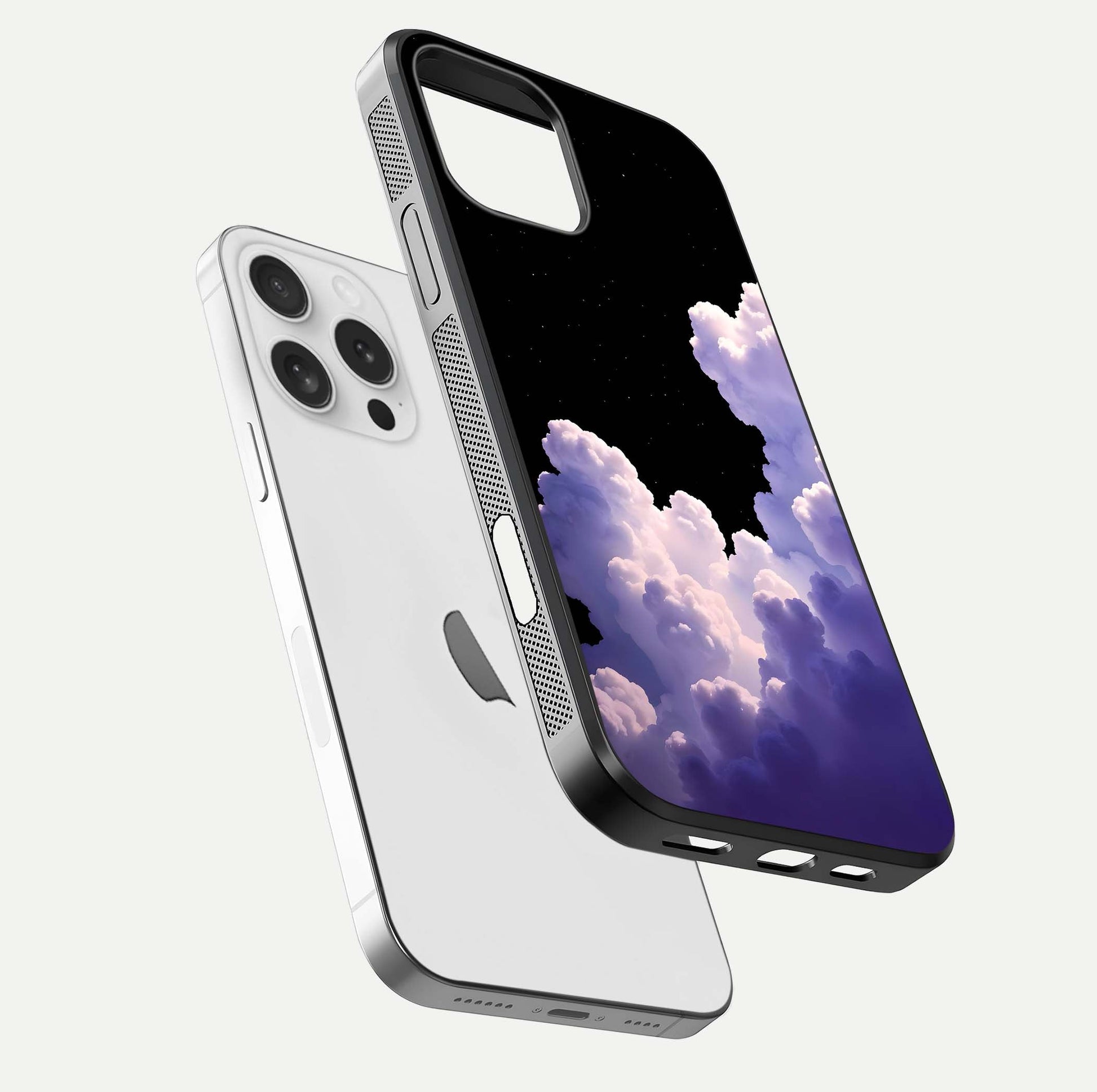 Starlit Night Whispers Glass Case for iPhone 16 Pro floating dual-view mockup displaying gloss surface and depth