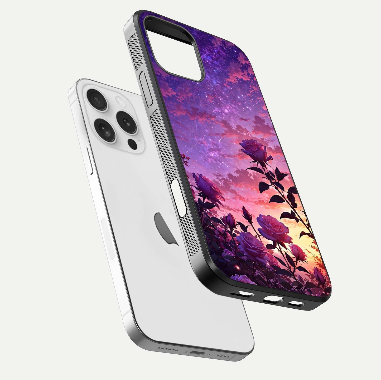 Starlit Rose Twilight Glass Case for iPhone 16 Pro floating dual-view mockup displaying gloss shine and depth