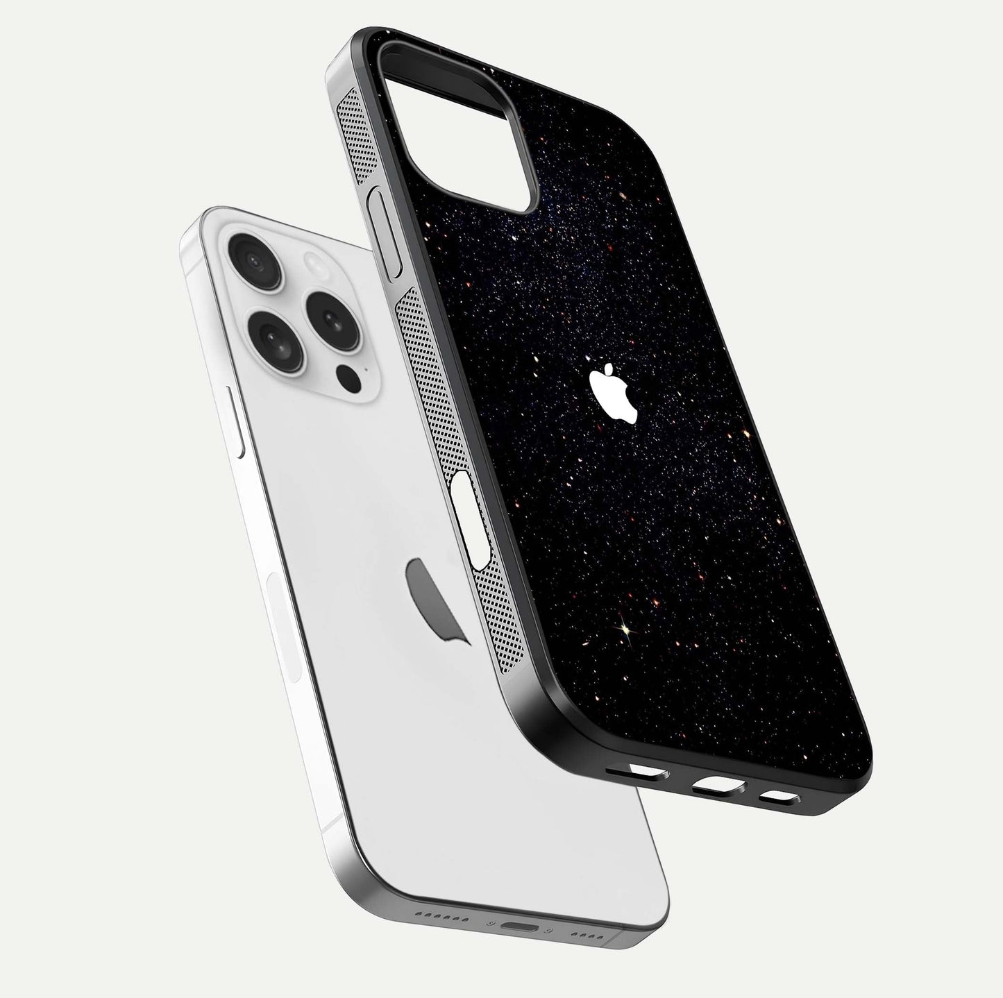 Starry Apple Galaxy Glass Case for iPhone 16 Pro floating dual-view mockup displaying reflection and shine