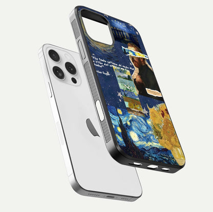 Starry Dream Vision Glass Case for iPhone 16 Pro floating dual-view mockup displaying gloss surface and clarity