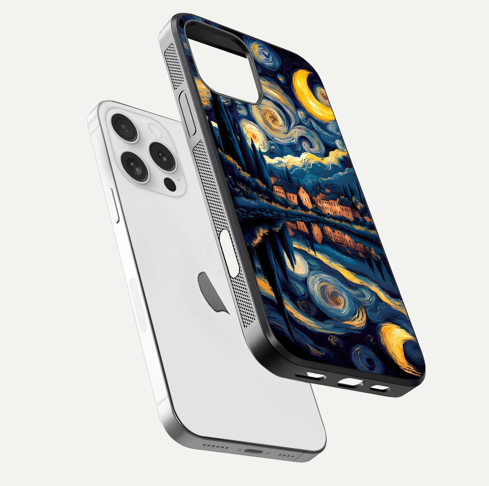 Starry Sky Serenity Glass Case for iPhone 16 Pro floating dual-view mockup displaying gloss texture and shine