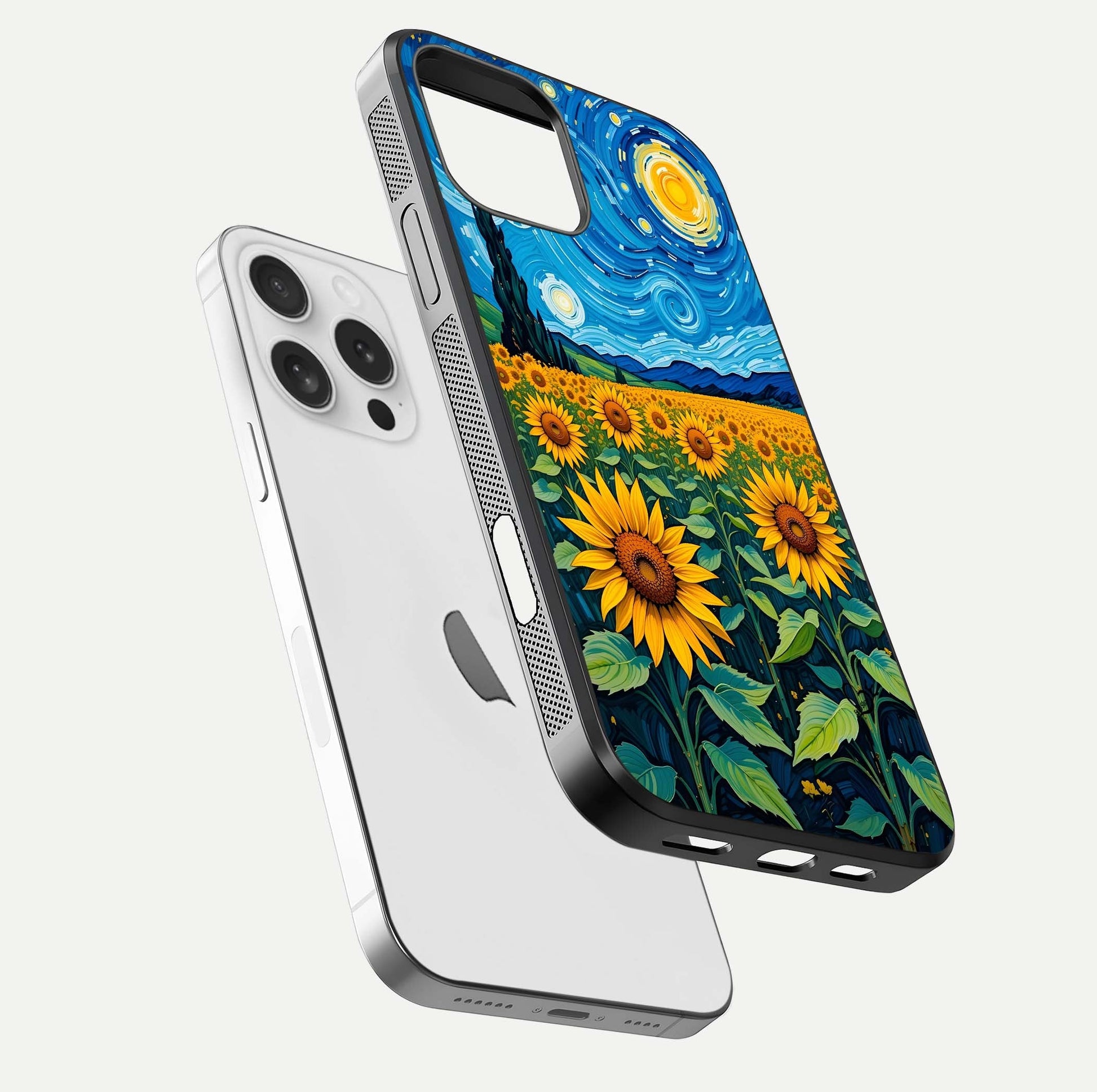Starry Sunflower Dreams Glass Case for iPhone 16 Pro floating dual-view mockup displaying gloss and vivid print