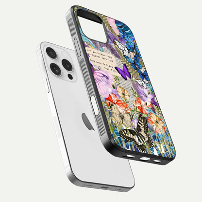 Storm Path Bloom Glass Case for iPhone 16 Pro floating dual-view mockup displaying gloss and pattern depth