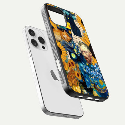 Sunflower Cat Art Glass Case for iPhone 16 Pro floating dual-view mockup displaying gloss shine and HD art print