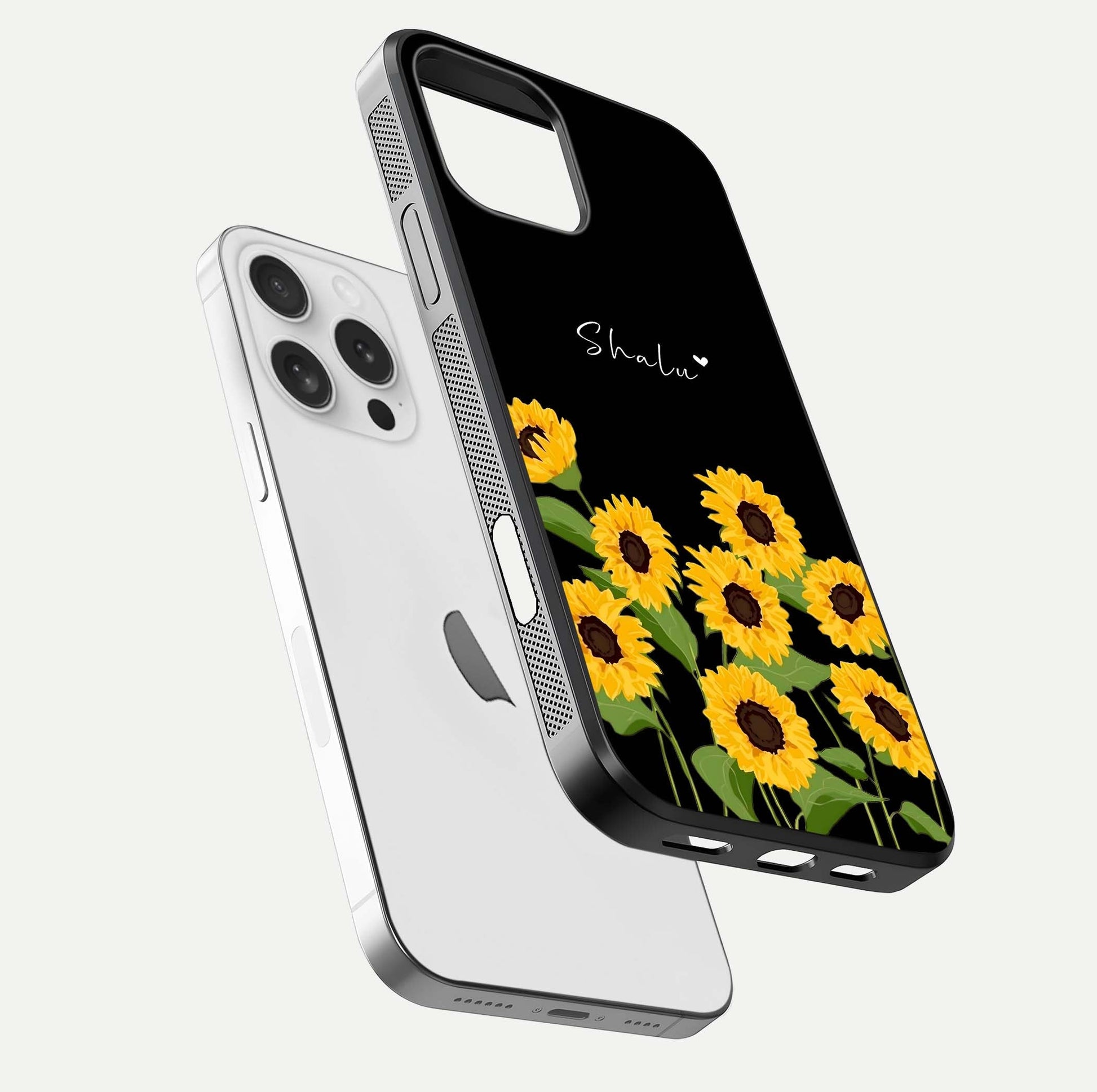 Sunflower Chic Mood Custom Name Glass Case for iPhone 16 Pro floating dual-view mockup displaying gloss texture and detail