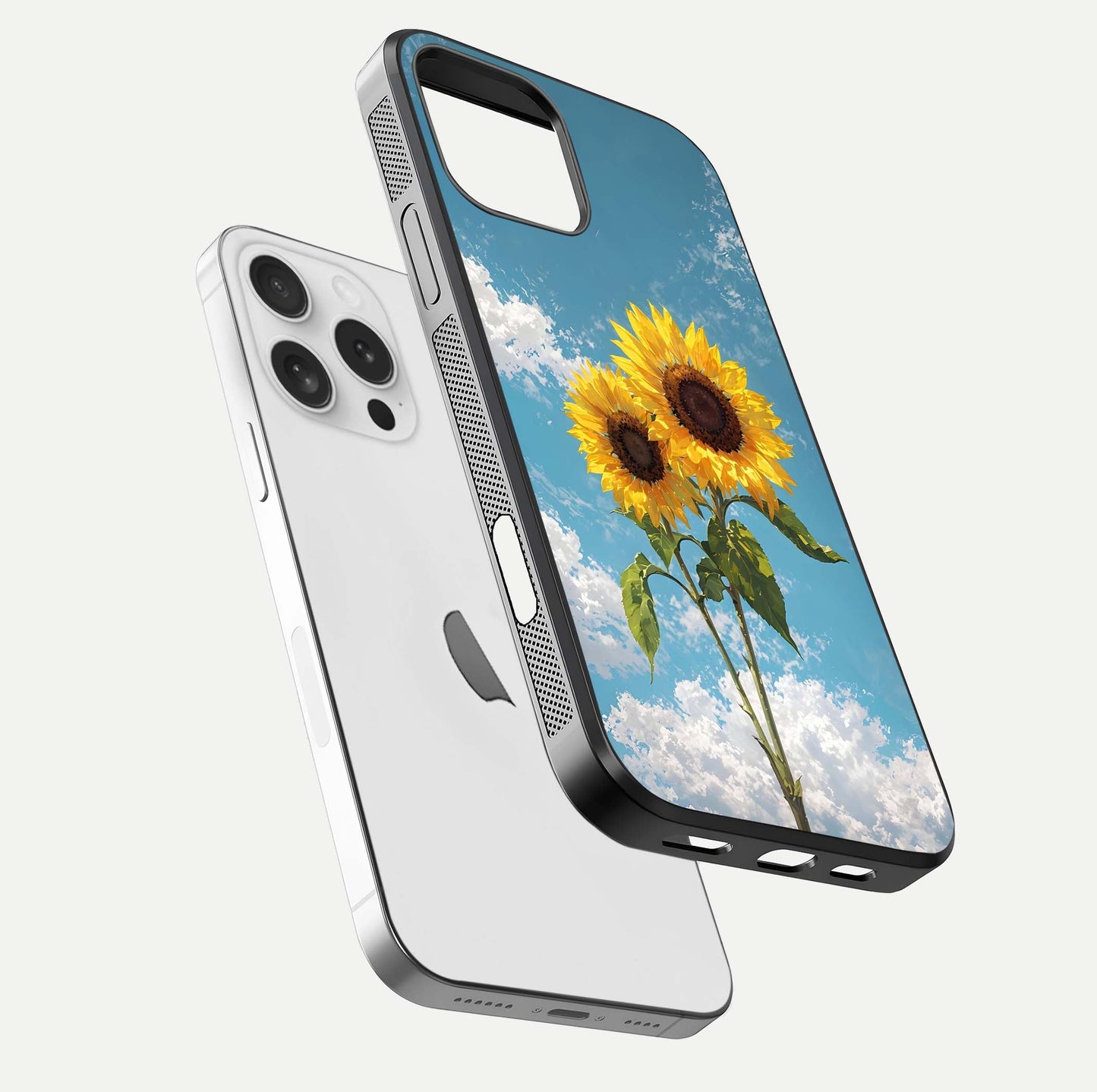 Sunflower Sky Bloom Glass Case for iPhone 16 Pro floating dual-view mockup displaying gloss shine and vibrant texture