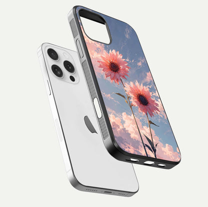 Sunlit Daisy Glow Glass Case for iPhone 16 Pro floating dual-view mockup displaying gloss finish and HD print