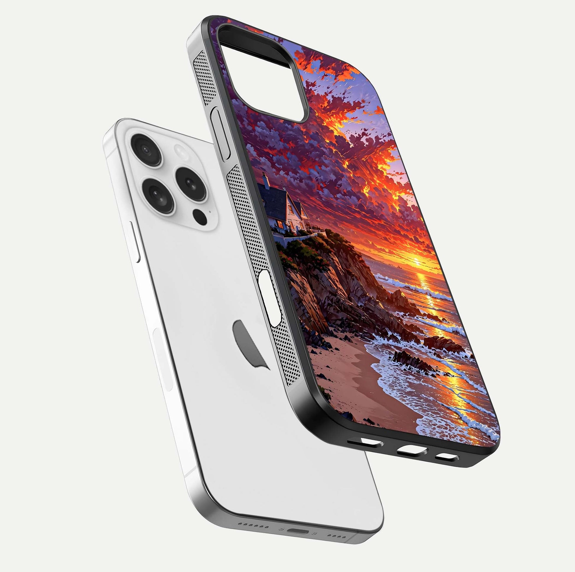 Sunset House by Sea Glass Case for iPhone 16 Pro floating dual-view mockup displaying gloss shine and depth