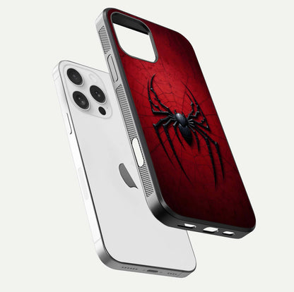 Venom Web Emblem Glass Case for iPhone 16 Pro floating dual-view mockup displaying gloss shine and HD print