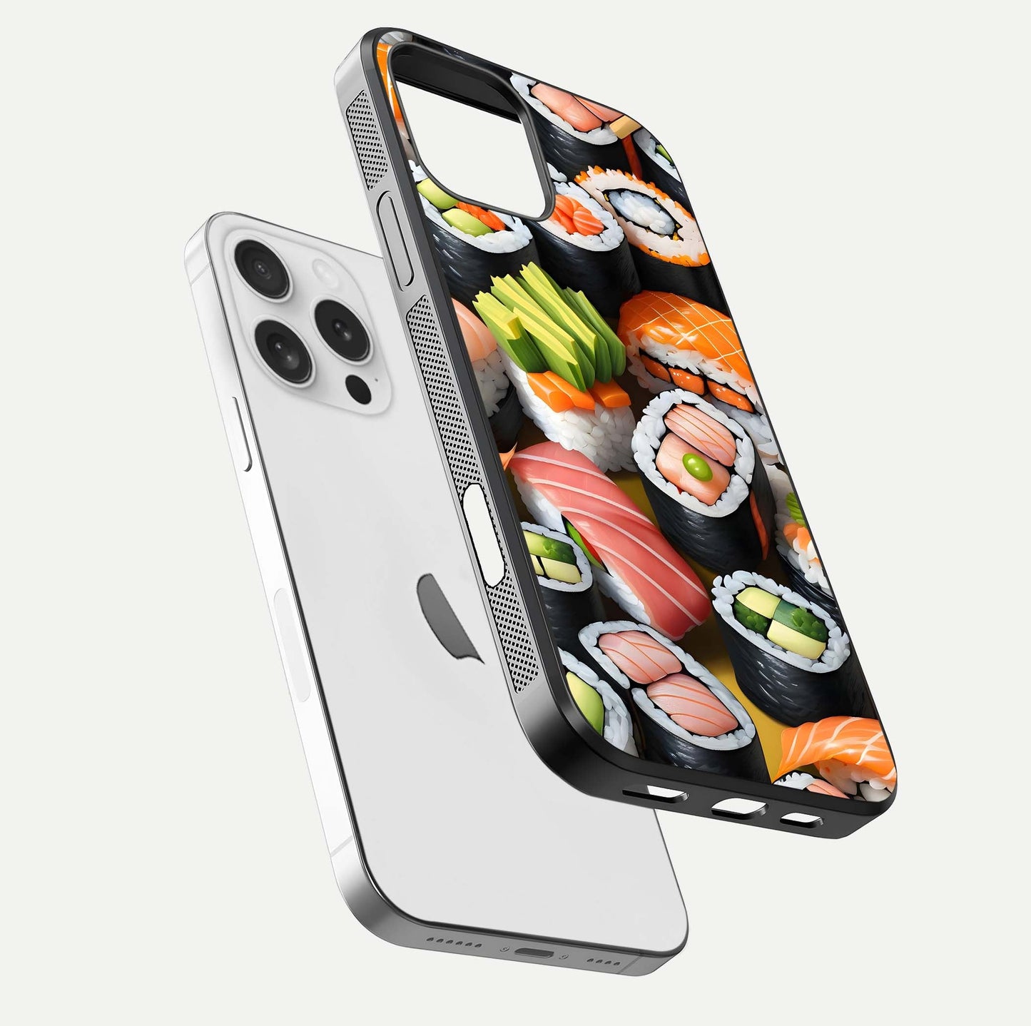 Sushi Food Pattern Glass Case for iPhone 16 Pro floating dual-view mockup displaying gloss and HD pattern