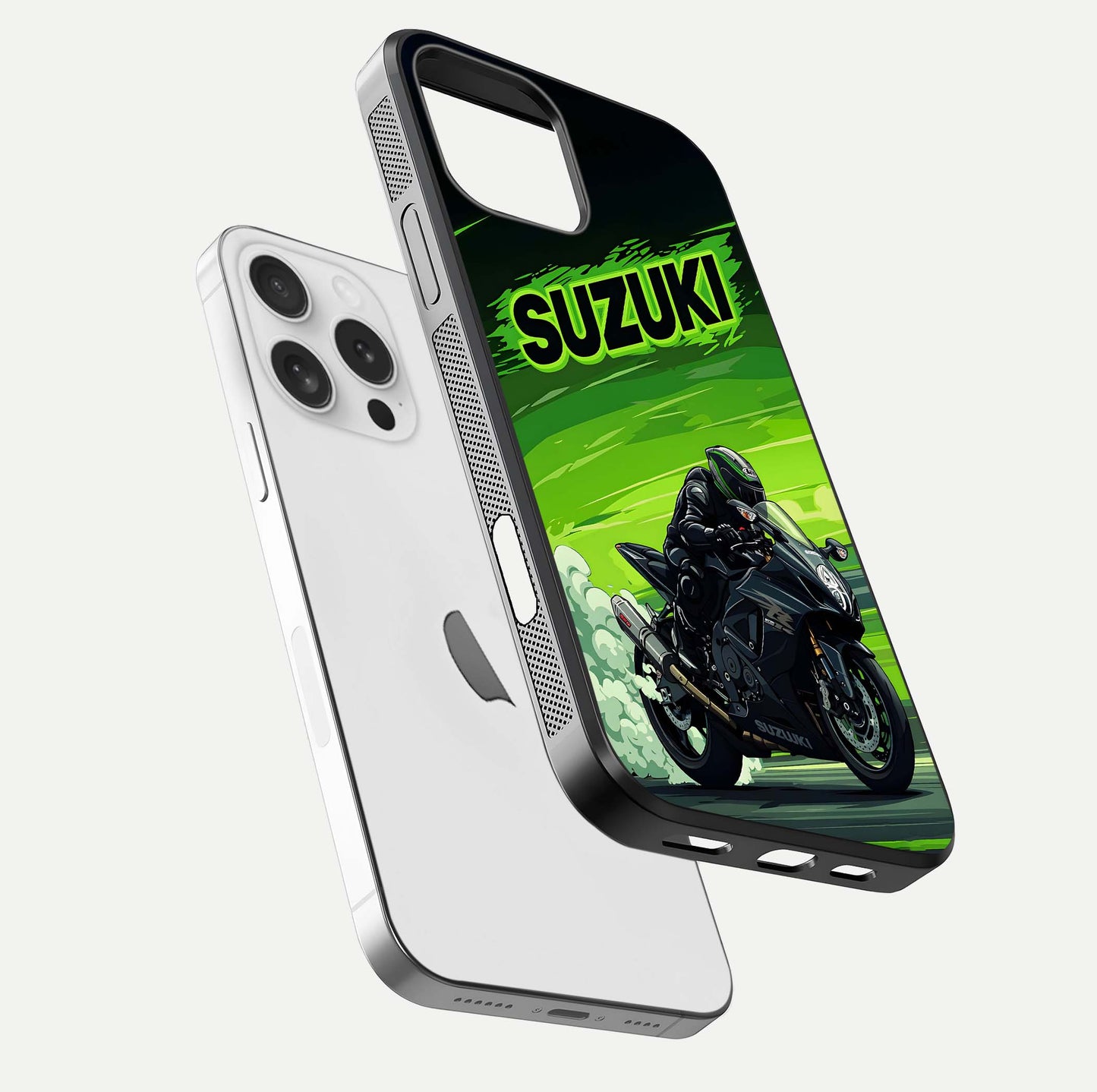 Suzuki Speed Beast Glass Case for iPhone 16 Pro floating dual-view mockup displaying gloss texture and shine