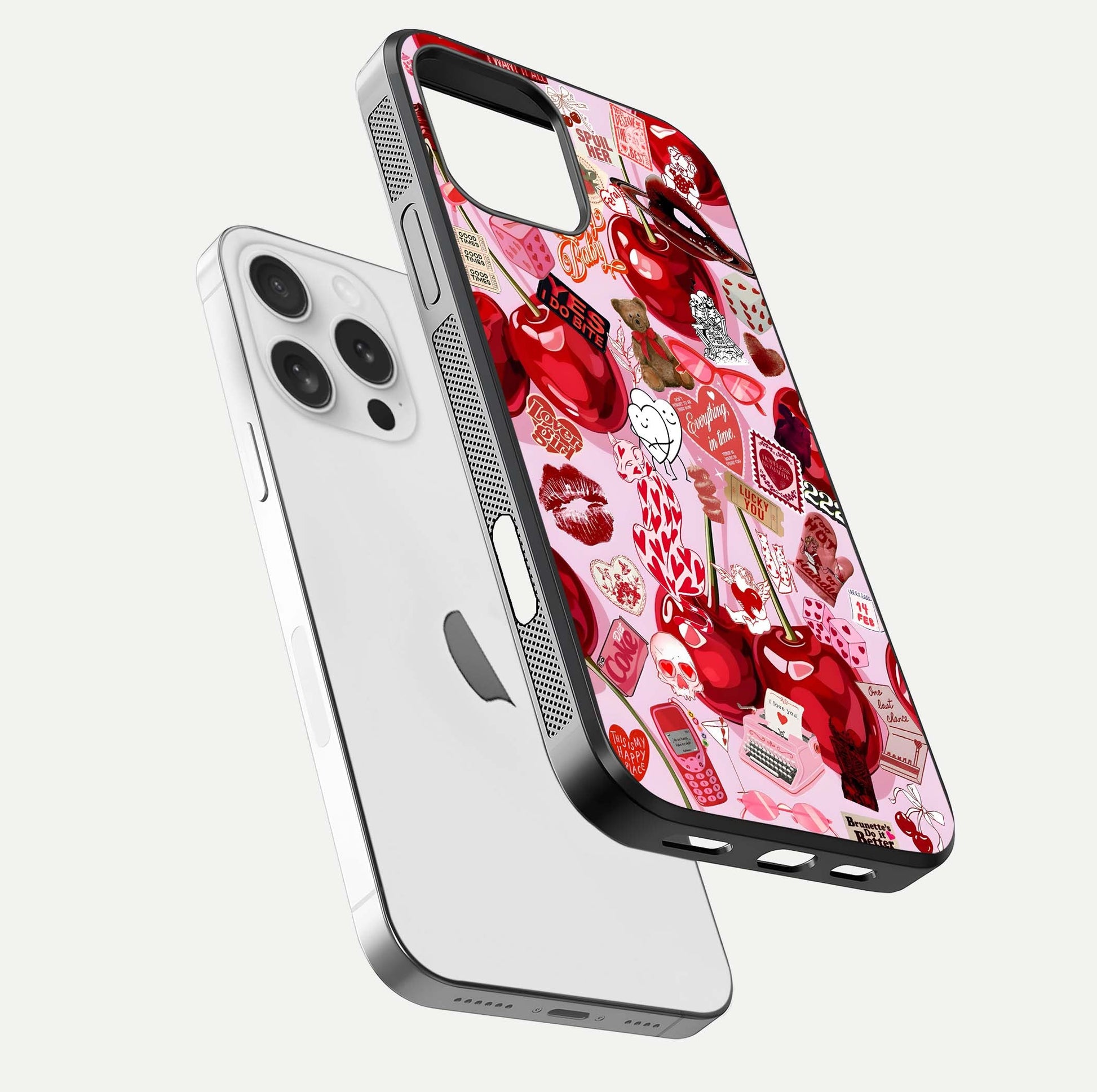 Sweet Cherry Chaos Glass Case for iPhone 16 Pro floating dual-view mockup displaying gloss surface and depth