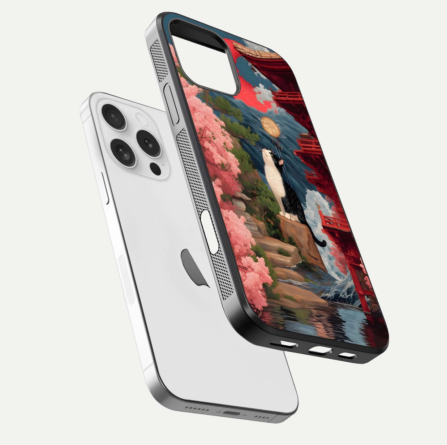Temple Cat Scenery Glass Case for iPhone 16 Pro floating dual-view mockup displaying gloss and depth detail