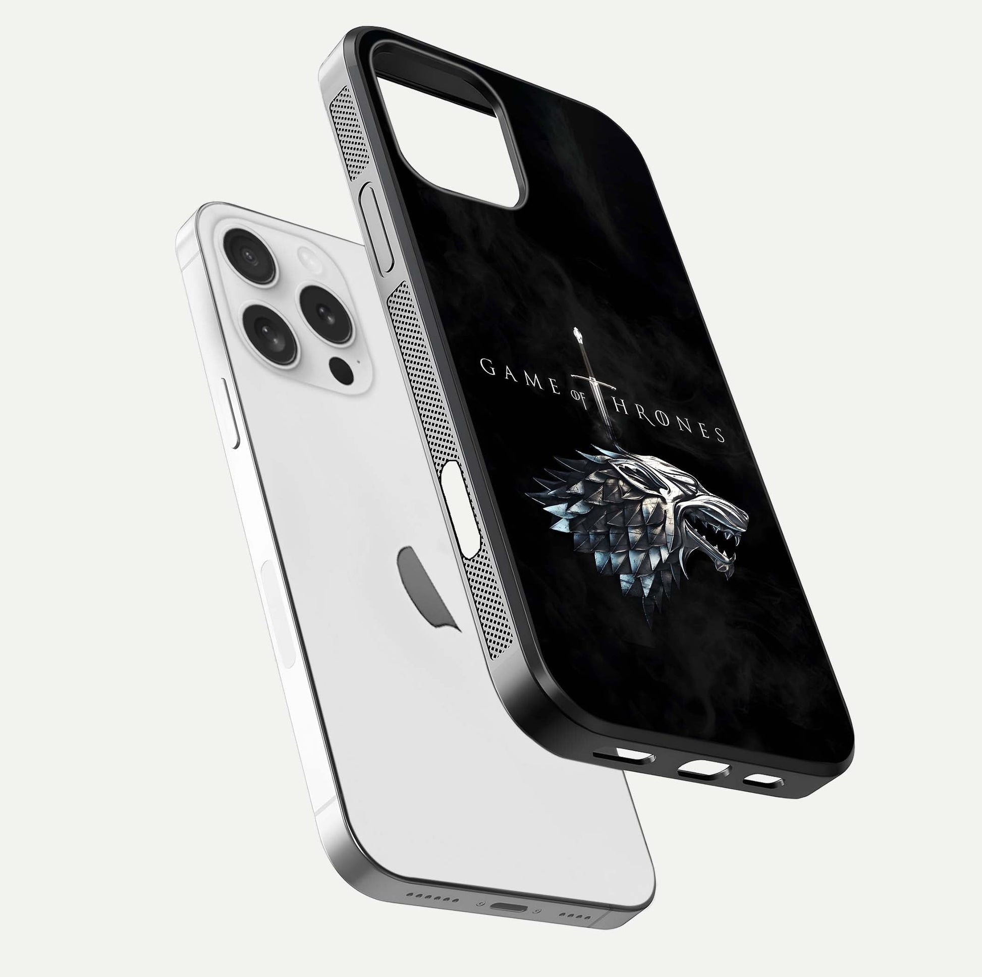 Throne Wolf Legacy Glass Case for iPhone 16 Pro floating dual-view mockup displaying gloss depth and wolf artwork
