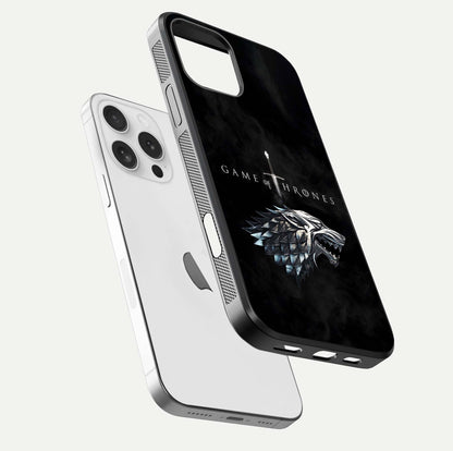 Throne Wolf Legacy Glass Case for iPhone 16 Pro floating dual-view mockup displaying gloss depth and wolf artwork