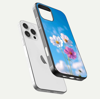 Triple Flowers With Sky Glass Case for iPhone 16 Pro floating dual-view mockup displaying gloss and soft hues