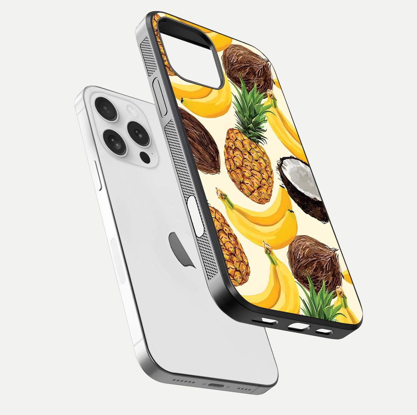 Tropical Fruit Mood Glass Case for iPhone 16 Pro floating dual-view mockup displaying gloss and vibrant colors