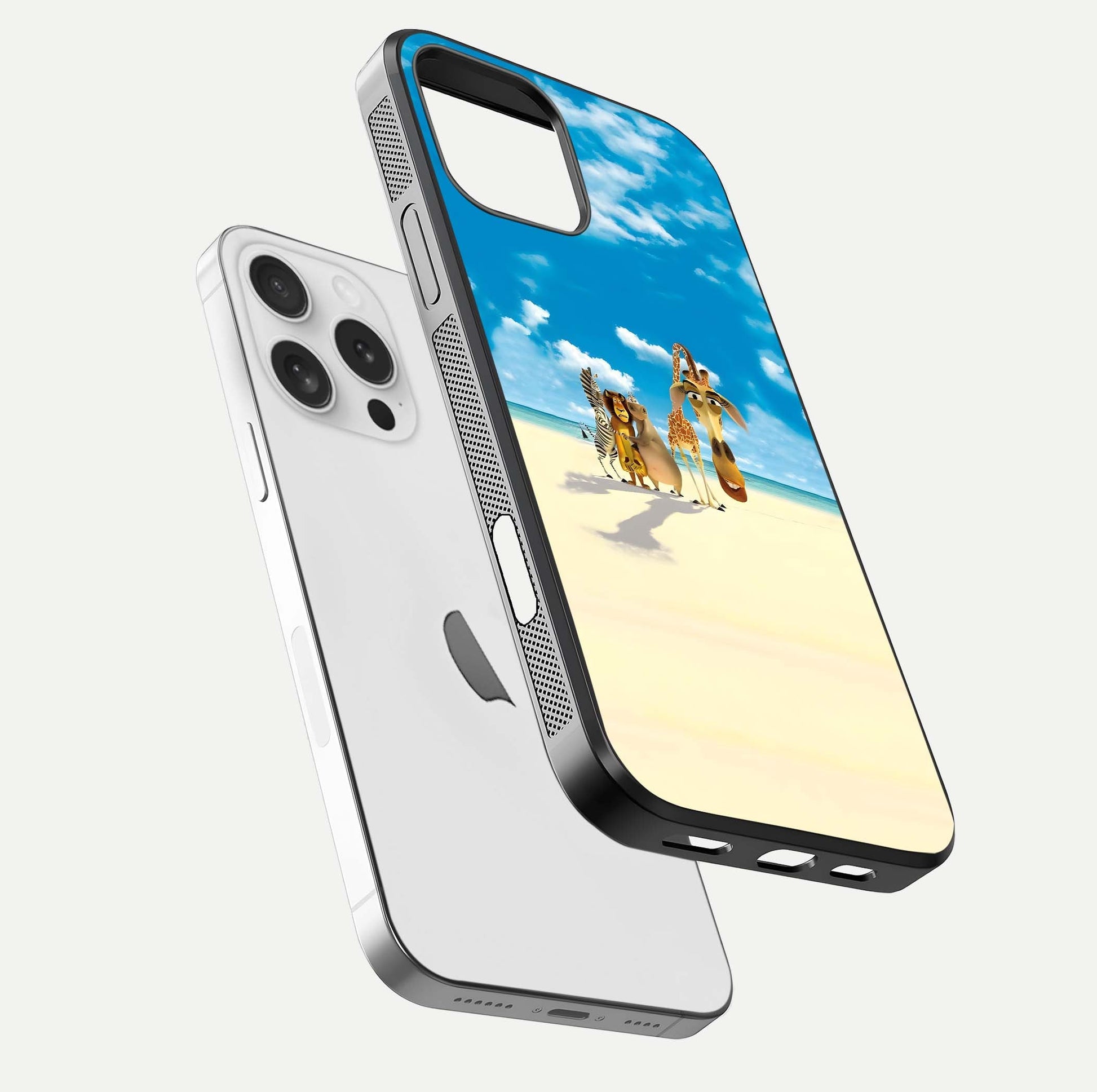 Tropical Fun Squad Glass Case for iPhone 16 Pro floating dual-view mockup displaying gloss reflection and contrast